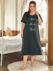 Plus Slogan Graphic Night Dress - Dark Grey - View 1