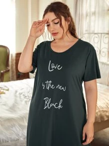 Plus Slogan Graphic Night Dress - Dark Grey - View 3