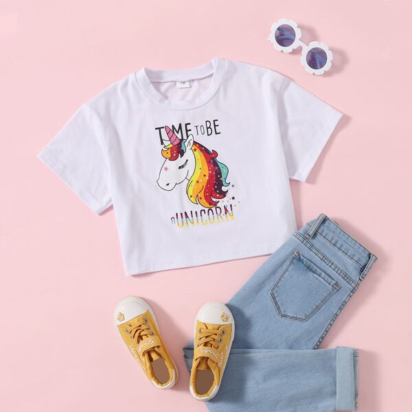 

Girls Unicorn & Slogan Print Tee, White