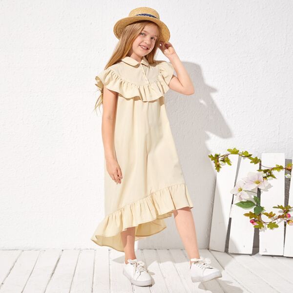 

Girls Ruffle Hem Button Front High Low Dress, Beige