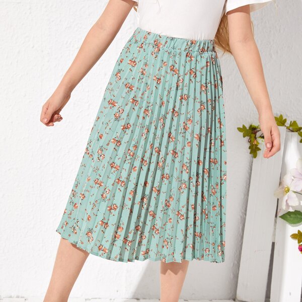 

Girls Floral Print Pleated Skirt, Mint green