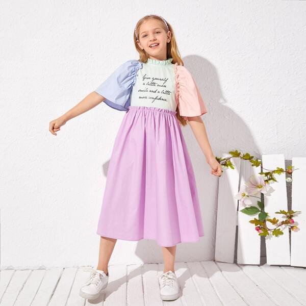 

Girls Slogan Graphic Frill Trim Colorblock Dress, Multicolor