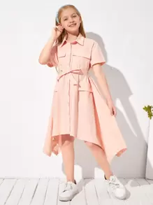 SHEIN 女孩翻蓋口袋手帕邊腰帶襯衫洋裝