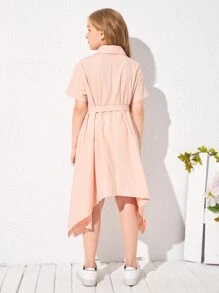 SHEIN 女孩翻蓋口袋手帕邊腰帶襯衫洋裝