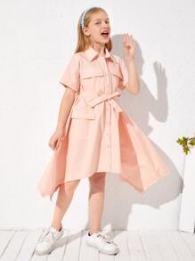 SHEIN 女孩翻蓋口袋手帕邊腰帶襯衫洋裝