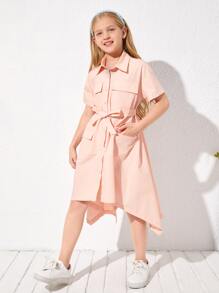 SHEIN 女孩翻蓋口袋手帕邊腰帶襯衫洋裝