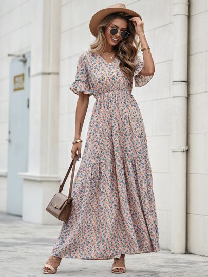 فستان باكمام مكشكش مزهر اقحوان