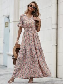 SHEIN Unity Ditsy Floral Flounce Sleeve Dress - Multicolor - View 5