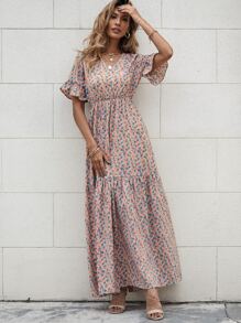 SHEIN Unity Ditsy Floral Flounce Sleeve Dress - Multicolor - View 6