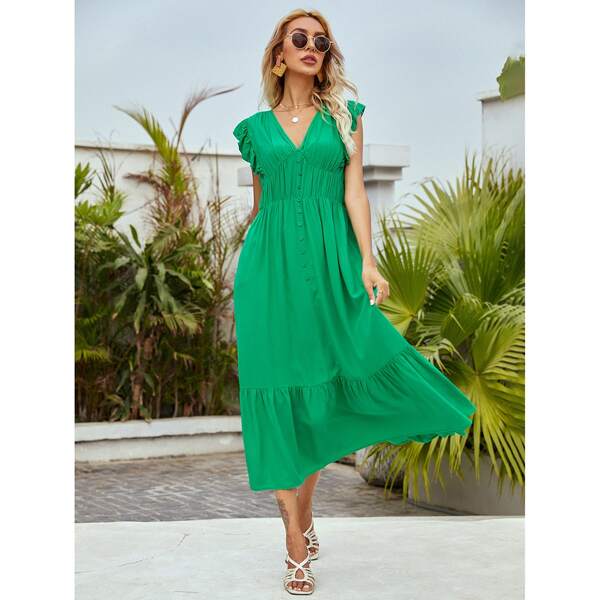 

Solid Button Front Ruffle Hem Dress, Green