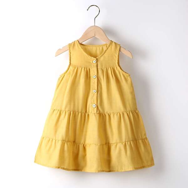 

Toddler Girls Half Button Babydoll Dress, Yellow