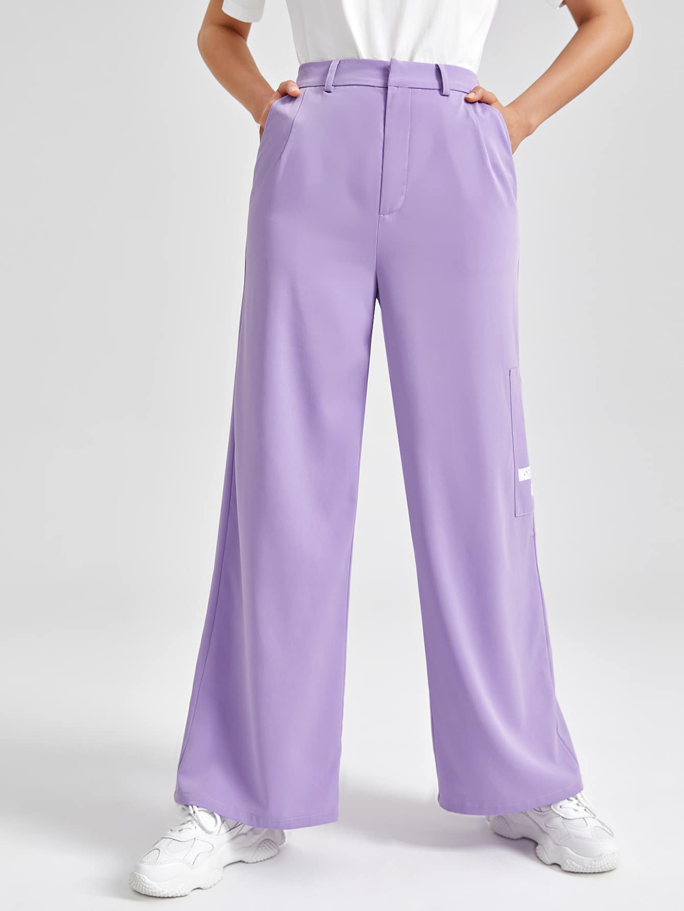 ROPES Letter Graphic Pocket Patched Wide Leg Trousers - Lilac Purple - View 1