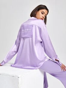 ROPES Drop Shoulder Button Back Satin Tunic Blouse - Lilac Purple - View 1