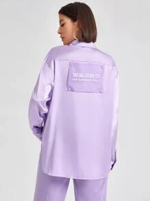 ROPES Drop Shoulder Button Back Satin Tunic Blouse - Lilac Purple - View 2