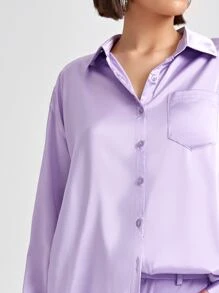ROPES Drop Shoulder Button Back Satin Tunic Blouse - Lilac Purple - View 3