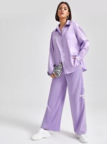 ROPES Drop Shoulder Button Back Satin Tunic Blouse - Lilac Purple - View 5