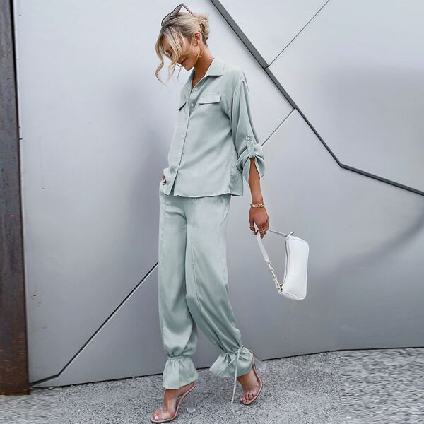 

Button Front Roll Up Sleeve Blouse & Pants Set, Mint green