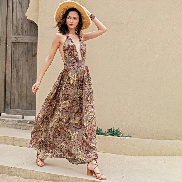 

Paisley Print Shirred Waist Backless Halter Neck Dress, Multicolor