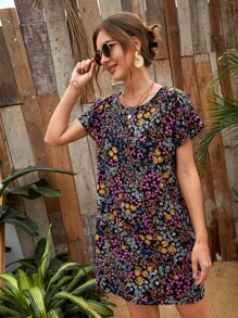 SHEIN VCAY Allover Floral Print Tunic Dress - Multicolor - View 5