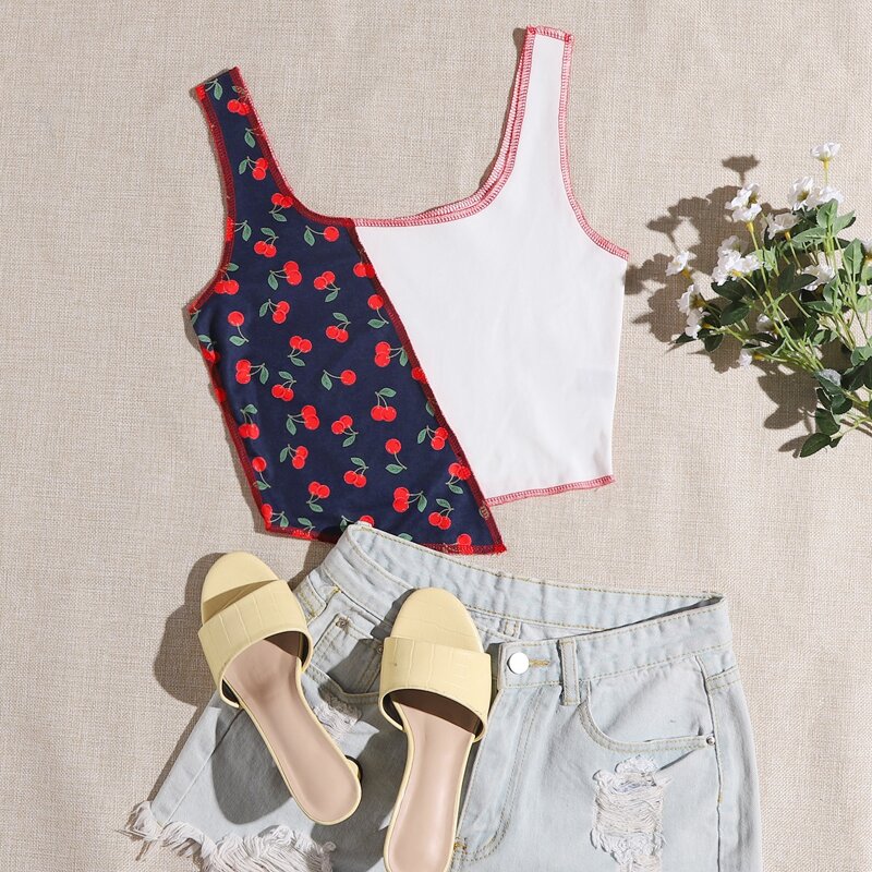 

Asymmetrical Hem Cherry Print Colorblock Tank Top, Multicolor