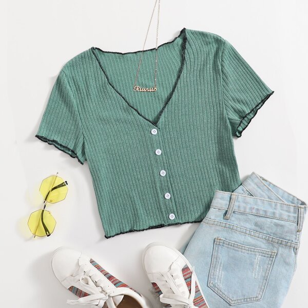 

Contrast Binding Button Front Tee, Green