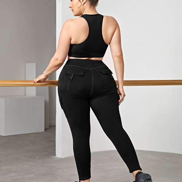 

Plus Racer Back Sports Bra With Pocket Detail Leggings, Black