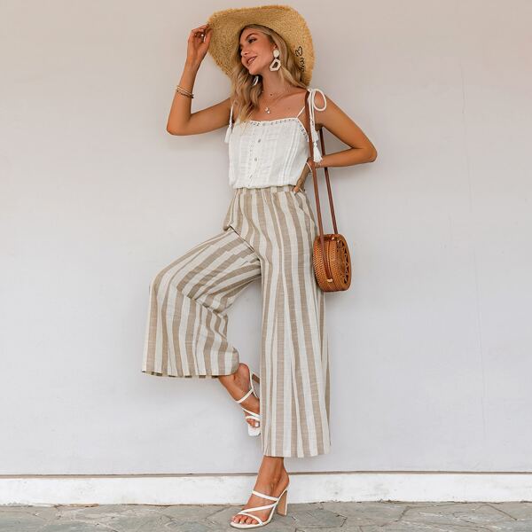 

Elastic Waist Striped Wide Leg Cropped Pants, Multicolor