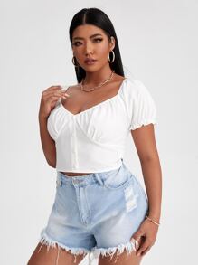 Plus Covered Button Front Puff Sleeve Milkmaid Top - White - View 1