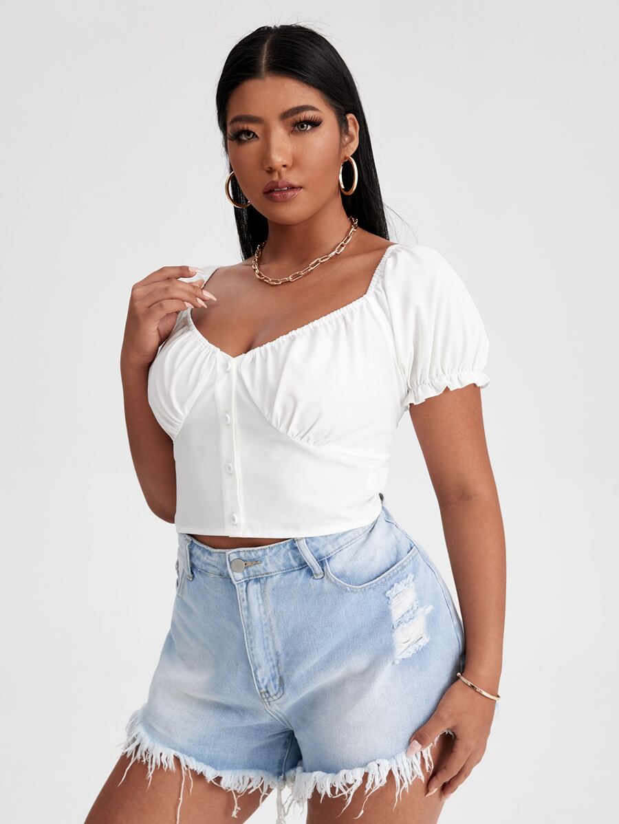 Plus Covered Button Front Puff Sleeve Milkmaid Top - White - View 1