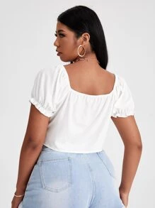 Plus Covered Button Front Puff Sleeve Milkmaid Top - White - View 2