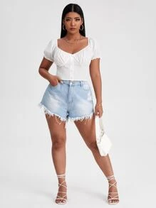 Plus Covered Button Front Puff Sleeve Milkmaid Top - White - View 3