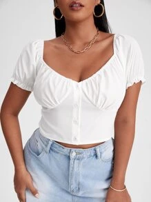 Plus Covered Button Front Puff Sleeve Milkmaid Top - White - View 4