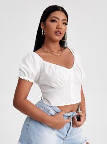 Plus Covered Button Front Puff Sleeve Milkmaid Top - White - View 5