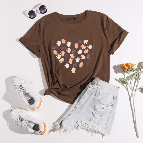 

Plus Hands Print Short Sleeve Tee, Mocha brown