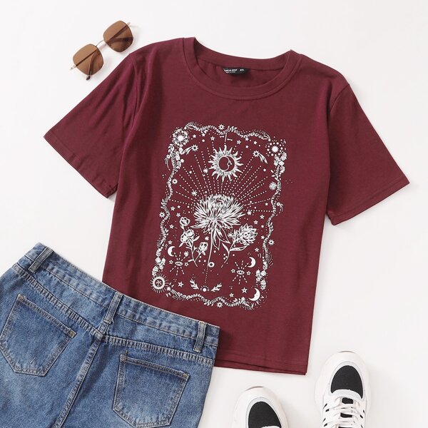 

Plus Floral & Sun Print Tee, Maroon