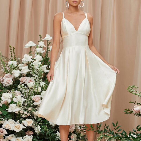 

Crisscross Backless Fold Pleated Satin Cami Dress, Champagne