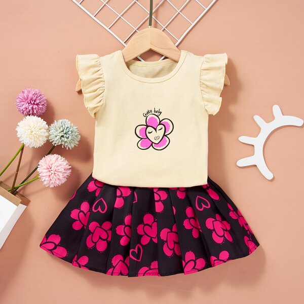 

Baby Girl Cartoon Ruffle Tee & Floral Pleated Skirt, Multicolor