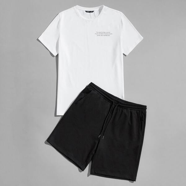 

Men Slogan Graphic Top & Shorts PJ Set, Black and white