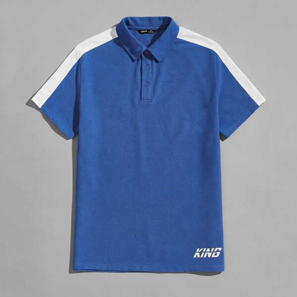 

Men Contrast Sideseam Letter Graphic Polo Shirt, Blue