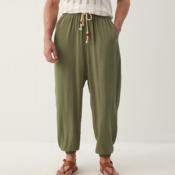 

Men Drawstring Waist Solid Pants, Army green