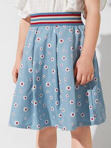 SHEIN 小女童條紋腰帶印花半身裙