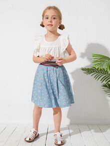 SHEIN 小女童條紋腰帶印花半身裙