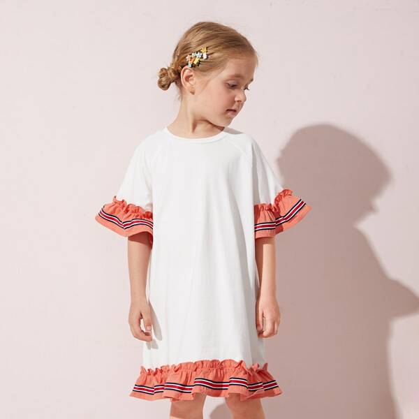 

Toddler Girls Striped Tape Ruffle Trim Dress, White
