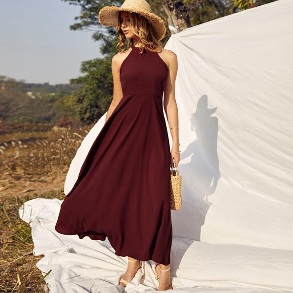 

Solid Halter Neck A-line Dress, Maroon