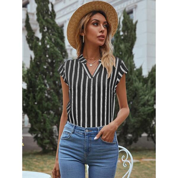 

Striped Notched Neckline Top, Black