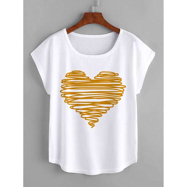 

Heart Print Batwing Sleeve Tee, White