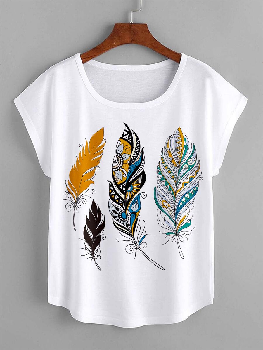 SHEIN LUNE 羽毛印花蝙蝠袖 T 恤