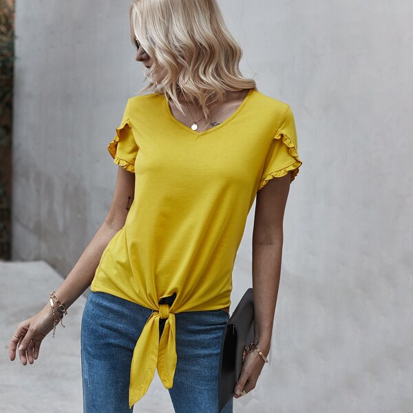 

Knot Hem Petal Sleeve Tee, Yellow