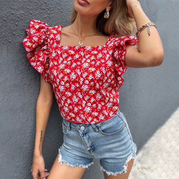 

Ditsy Floral Tie Back Butterfly Sleeve Blouse, Red