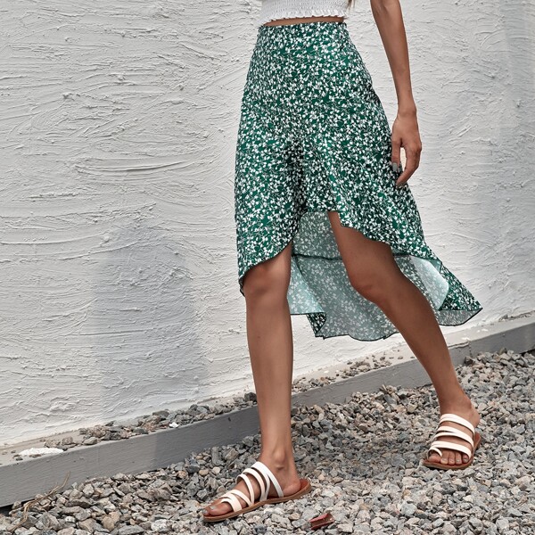 

Ditsy Floral Ruffle Hem High Low Skirt, Green